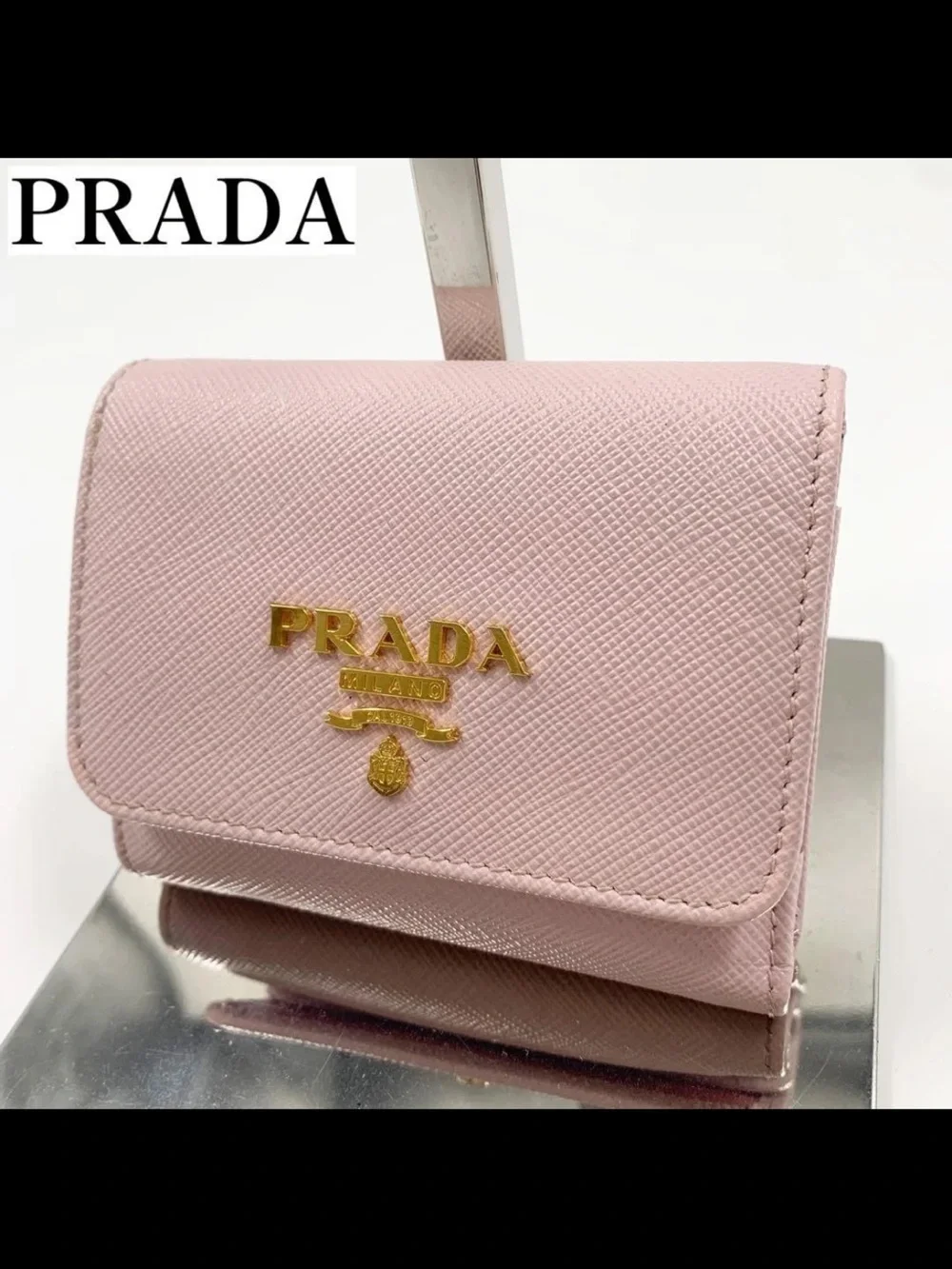 Prada Pink Saffiano Compact Wallet with Gold Logo